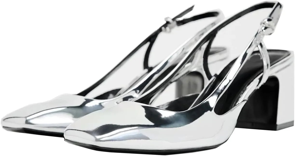 MRKEWUNEY Elegant Womens Silver Slingback Mary Janes Chunky Heel Pumps Buckle Strap Work Pumps