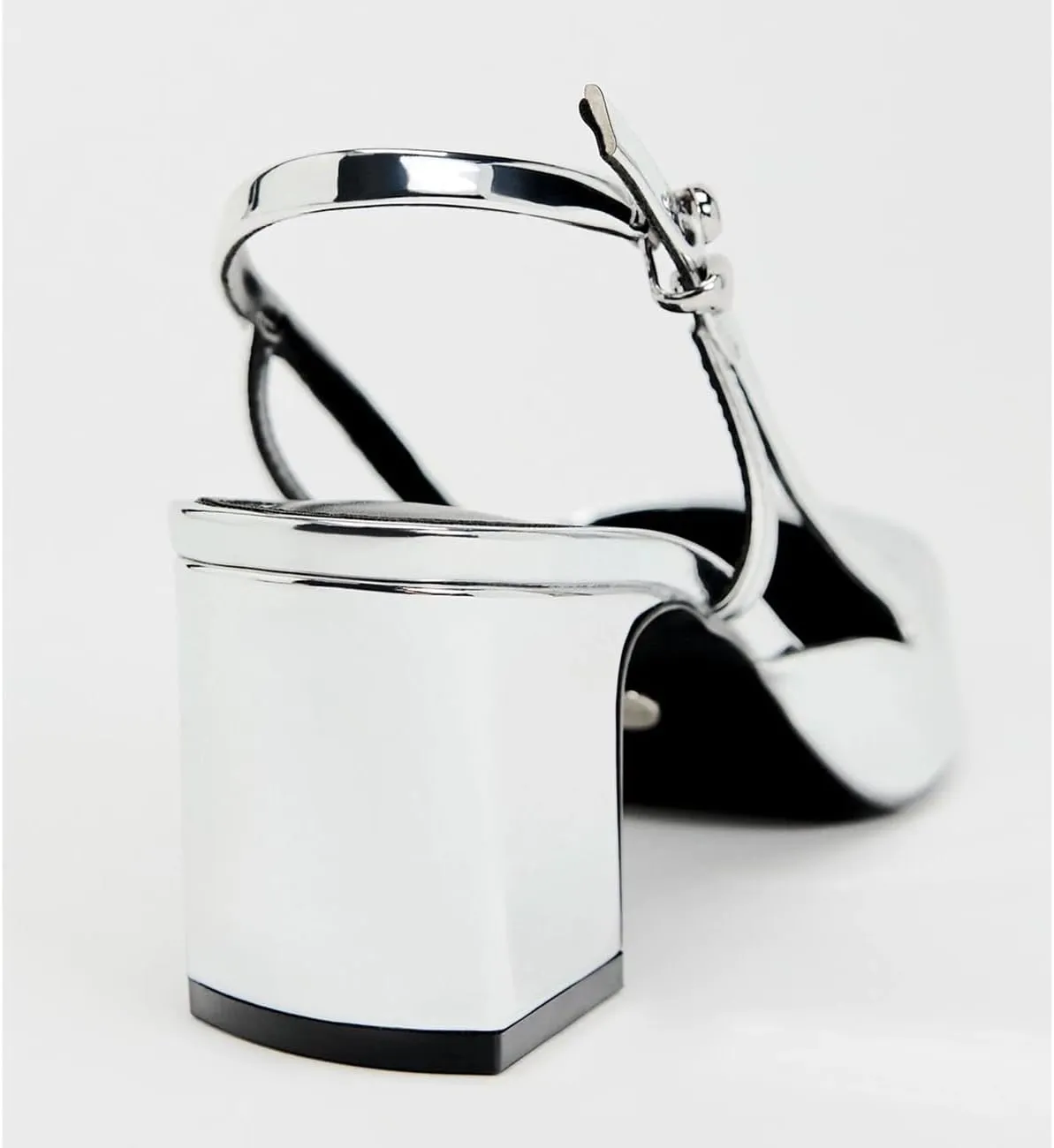 MRKEWUNEY Elegant Womens Silver Slingback Mary Janes Chunky Heel Pumps Buckle Strap Work Pumps