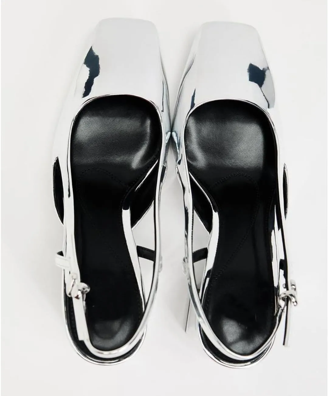 MRKEWUNEY Elegant Womens Silver Slingback Mary Janes Chunky Heel Pumps Buckle Strap Work Pumps