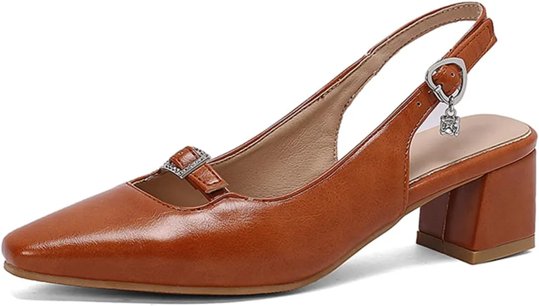 MRKEWUNEY Elegant Womens Slingback Mary Janes Chunky Heel Pumps