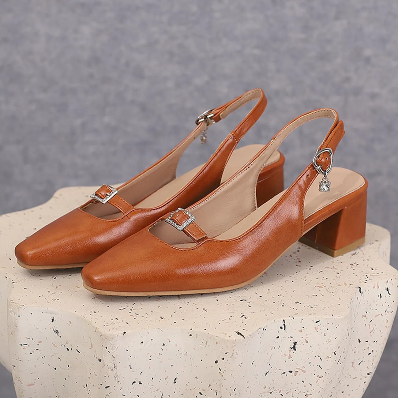 MRKEWUNEY Elegant Womens Slingback Mary Janes Chunky Heel Pumps