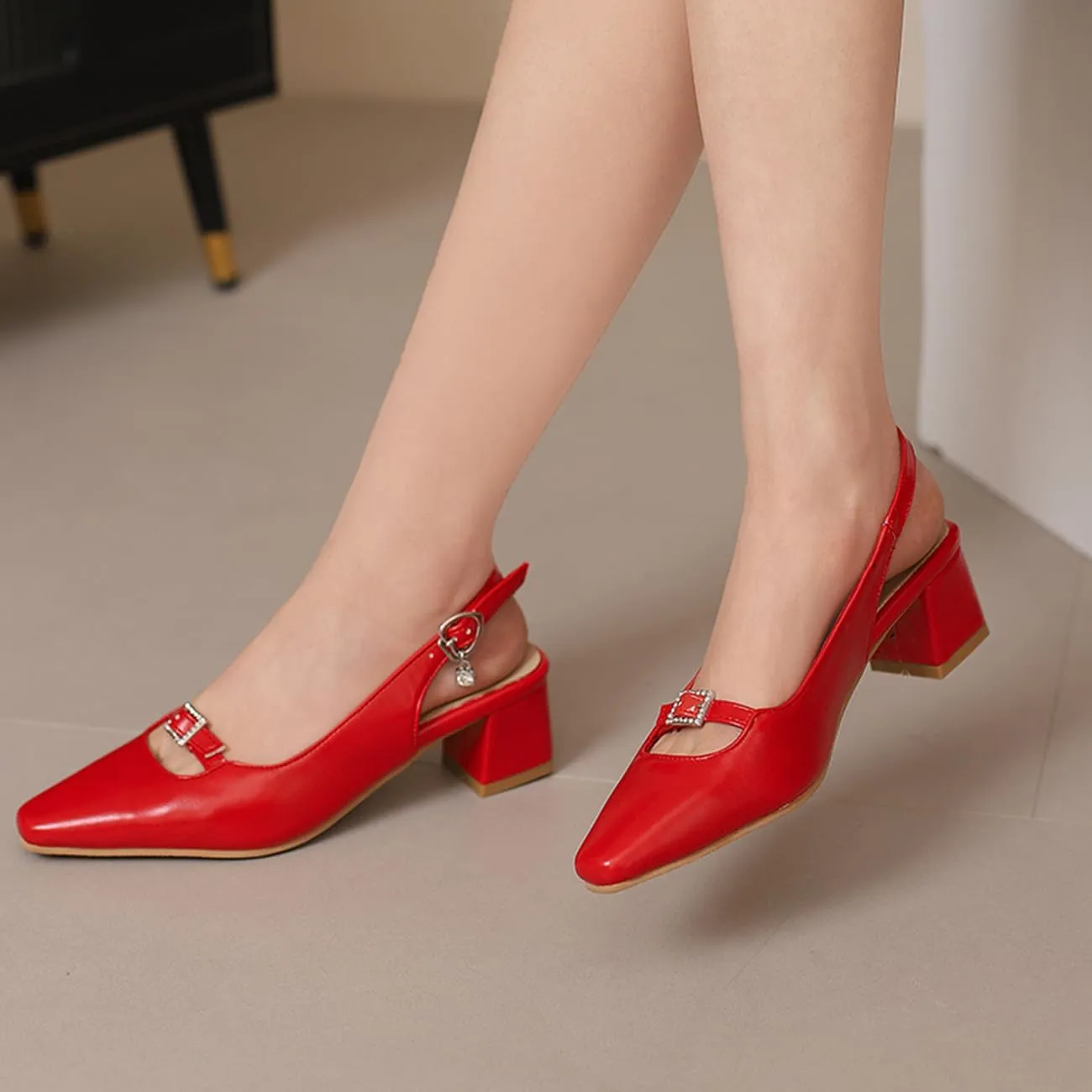 MRKEWUNEY Elegant Womens Slingback Mary Janes Chunky Heel Pumps