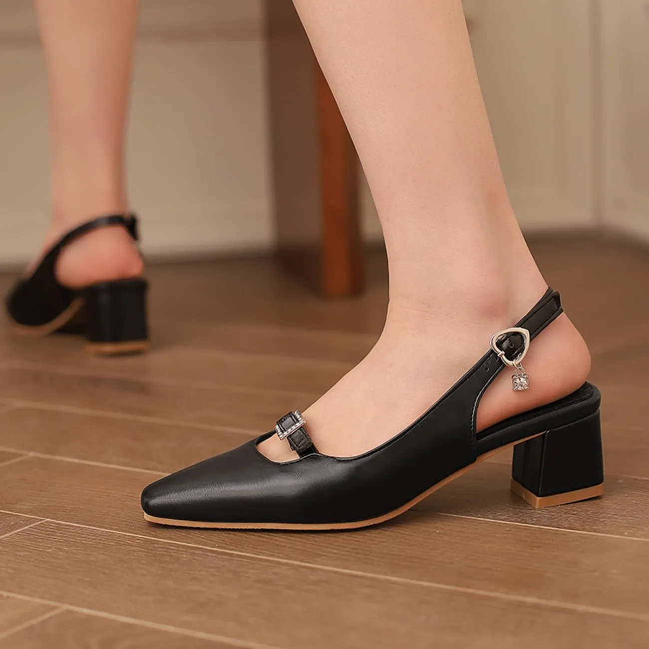 MRKEWUNEY Elegant Womens Slingback Mary Janes Chunky Heel Pumps