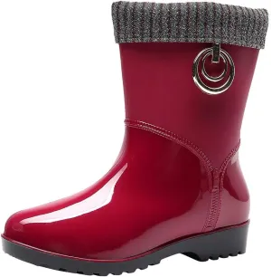NLOMOCT Rain Boots for Women Women's Mid Calf Rain Boots Printed Waterproof Rubber Boots Short Garden Shoes Outdoor Work Shoes 04 Red