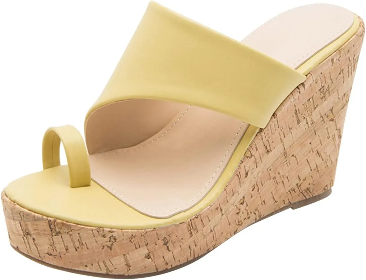 oiangi Chunky Sandals for Women High Heels Summer Casual Toe Ring Open Toe Slip-on Imitation Wood Wedge Platform Flip Flops Comfy Outdoor Ladies Shoes Slipper