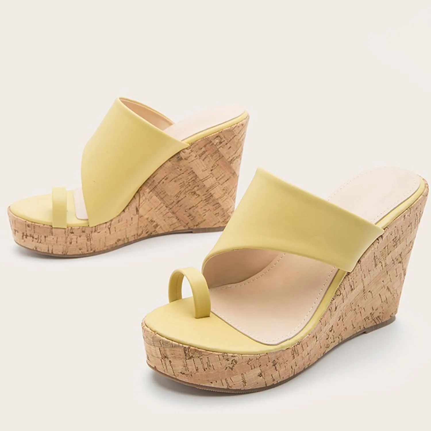 oiangi Chunky Sandals for Women High Heels Summer Casual Toe Ring Open Toe Slip-on Imitation Wood Wedge Platform Flip Flops Comfy Outdoor Ladies Shoes Slipper