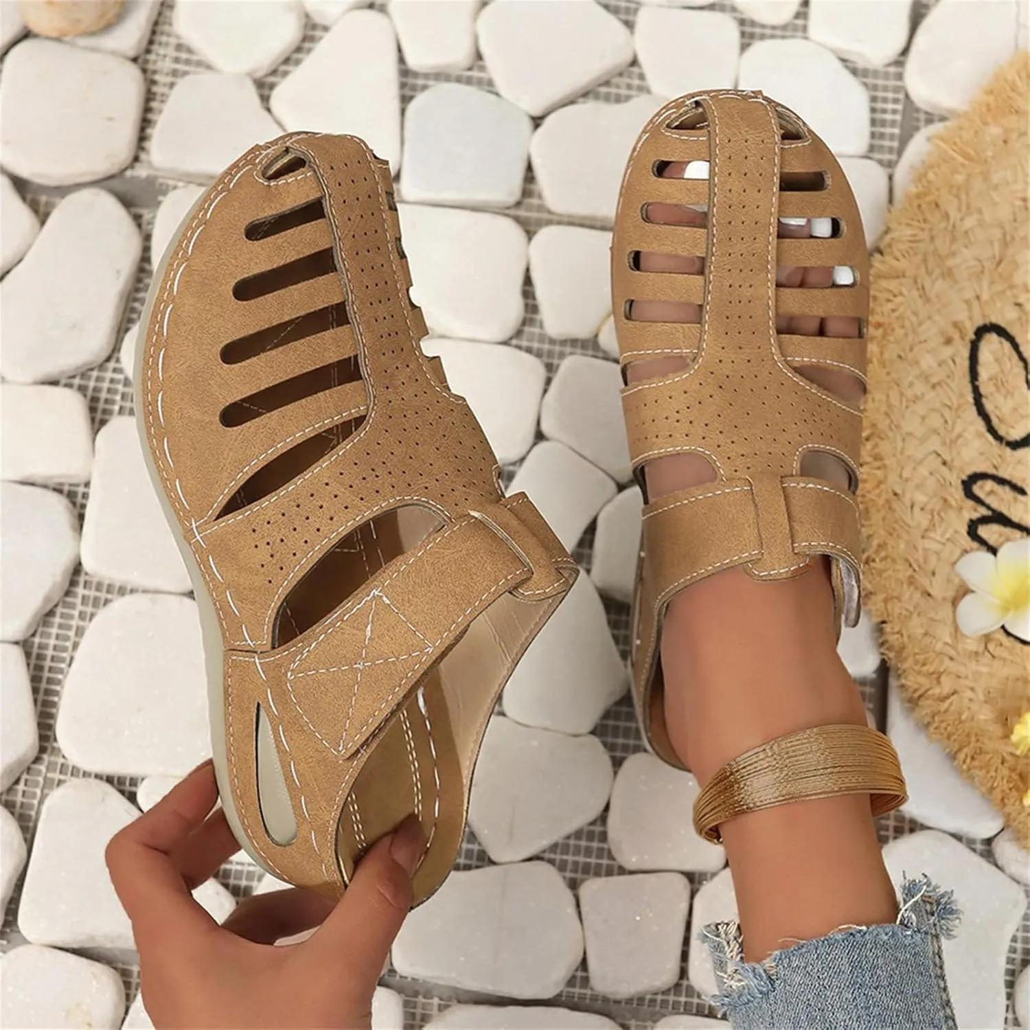 Orthopedic Sandals for Women Comfortable Dressy Closed Toe Platform Sandals Adjustable Strap with Cushioned Insole Slippers for Plantar Fasciitis