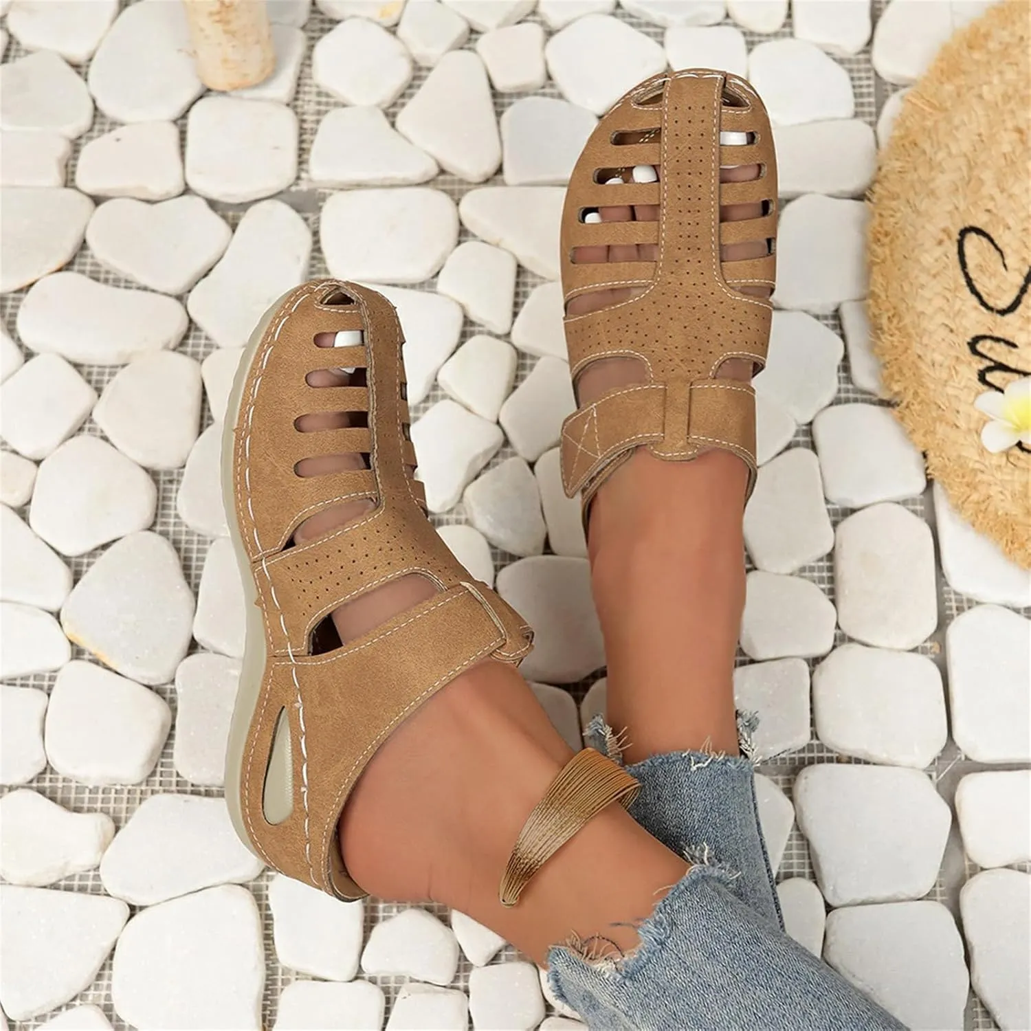 Orthopedic Sandals for Women Comfortable Dressy Closed Toe Platform Sandals Adjustable Strap with Cushioned Insole Slippers for Plantar Fasciitis