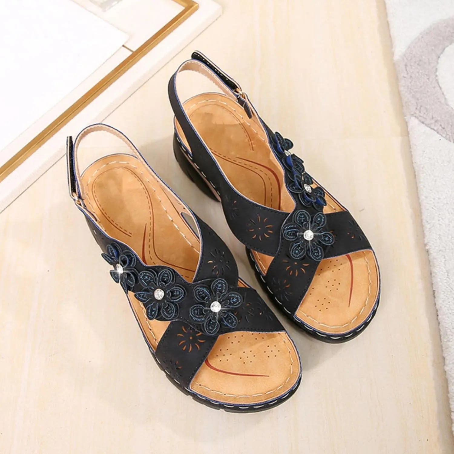 Orthopedic Sandals for Women Non Slip Comfortable Low Wedge Sandals Open Toe Cross Strappy Flowers Walking Shoes Slingback Casual Summer Beach Sandal