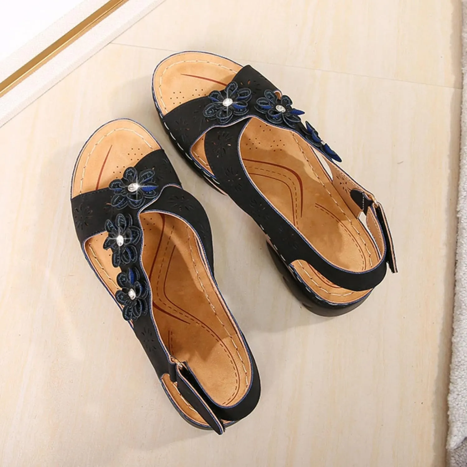 Orthopedic Sandals for Women Non Slip Comfortable Low Wedge Sandals Open Toe Cross Strappy Flowers Walking Shoes Slingback Casual Summer Beach Sandal