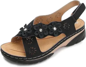 Orthopedic Sandals for Women Non Slip Comfortable Low Wedge Sandals Open Toe Cross Strappy Flowers Walking Shoes Slingback Casual Summer Beach Sandal
