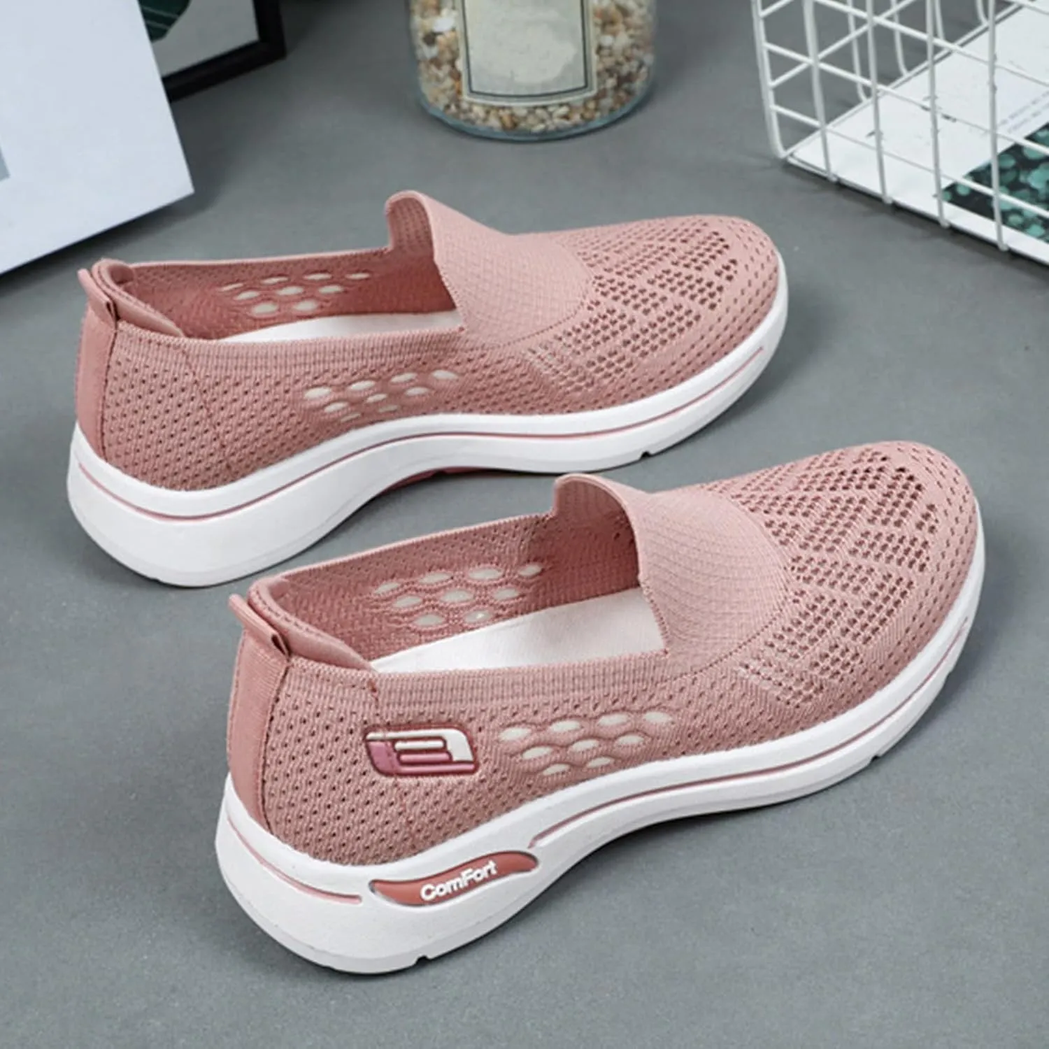 Orthopedic Sneakers for Women Summer Breathable Mesh Hollow Out Slip On Walking Shoes Casual Lightweight Soft Sole Outdoor Sports Sneakers with Arch Support