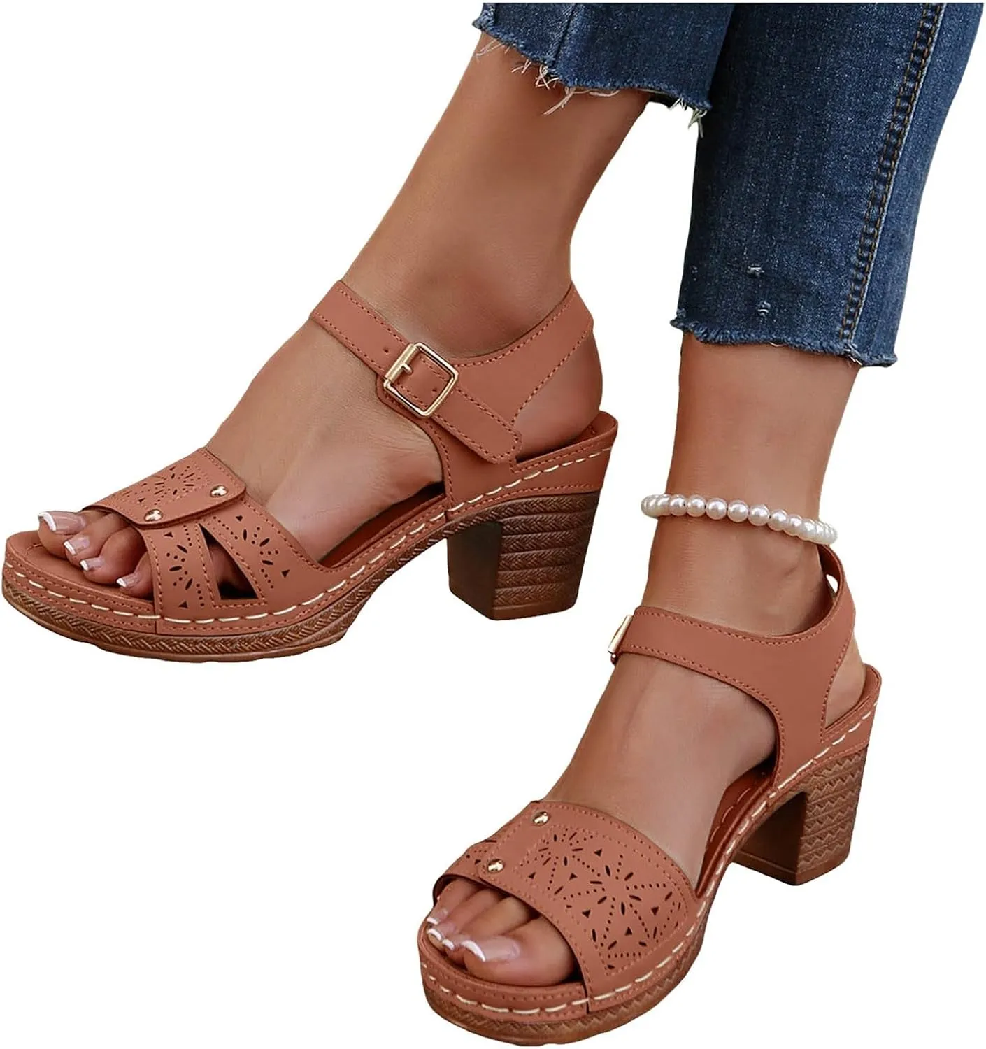Orthopedic Wedge Sandals for Women Comfortable,Fashion Chunky Heels Sandals Women Comfy Open Toe Block Heeled Sandals Ankle Strappy Corks Heels Chunky Platform Heels for Women Summer Dress Shoes 