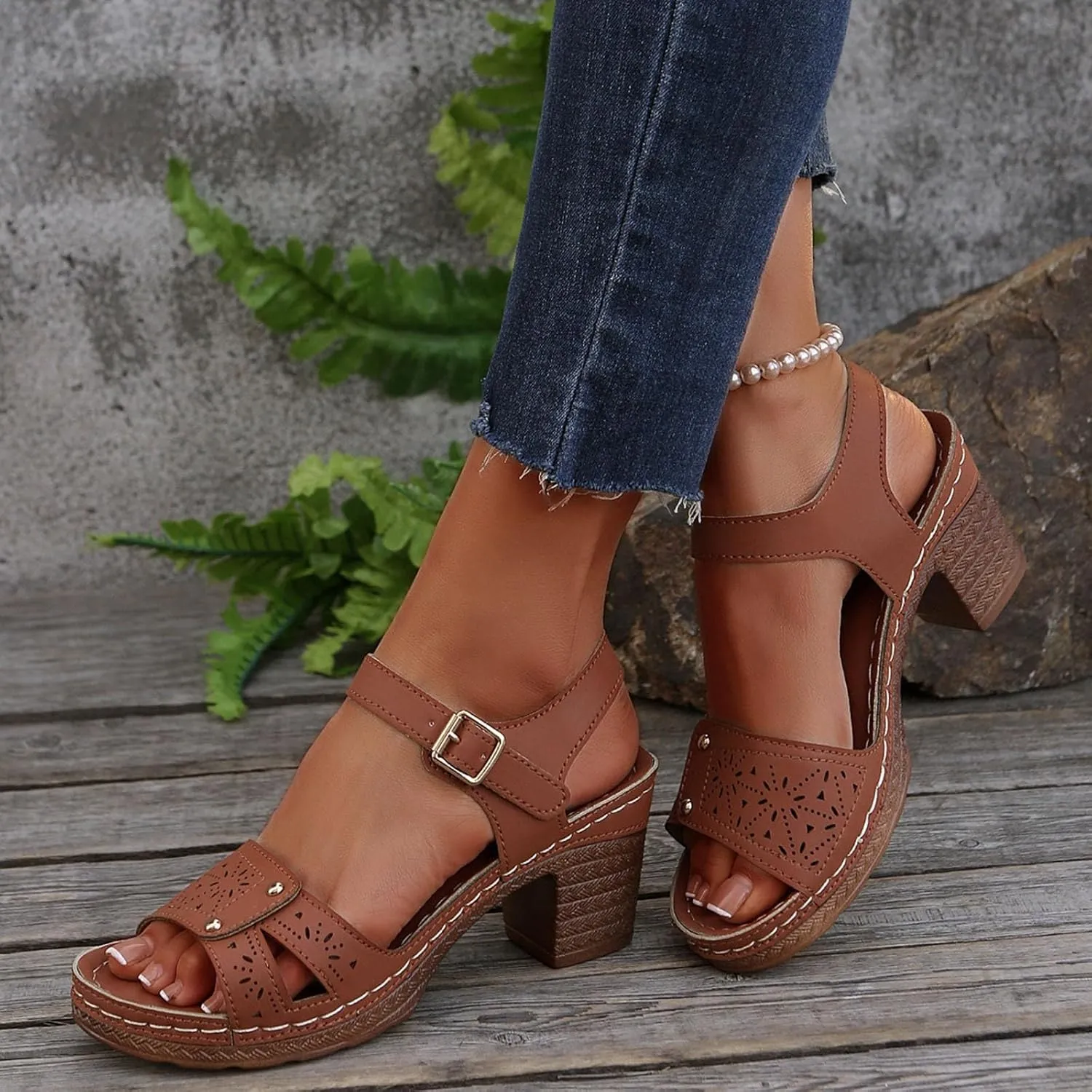 Orthopedic Wedge Sandals for Women Comfortable,Fashion Chunky Heels Sandals Women Comfy Open Toe Block Heeled Sandals Ankle Strappy Corks Heels Chunky Platform Heels for Women Summer Dress Shoes 