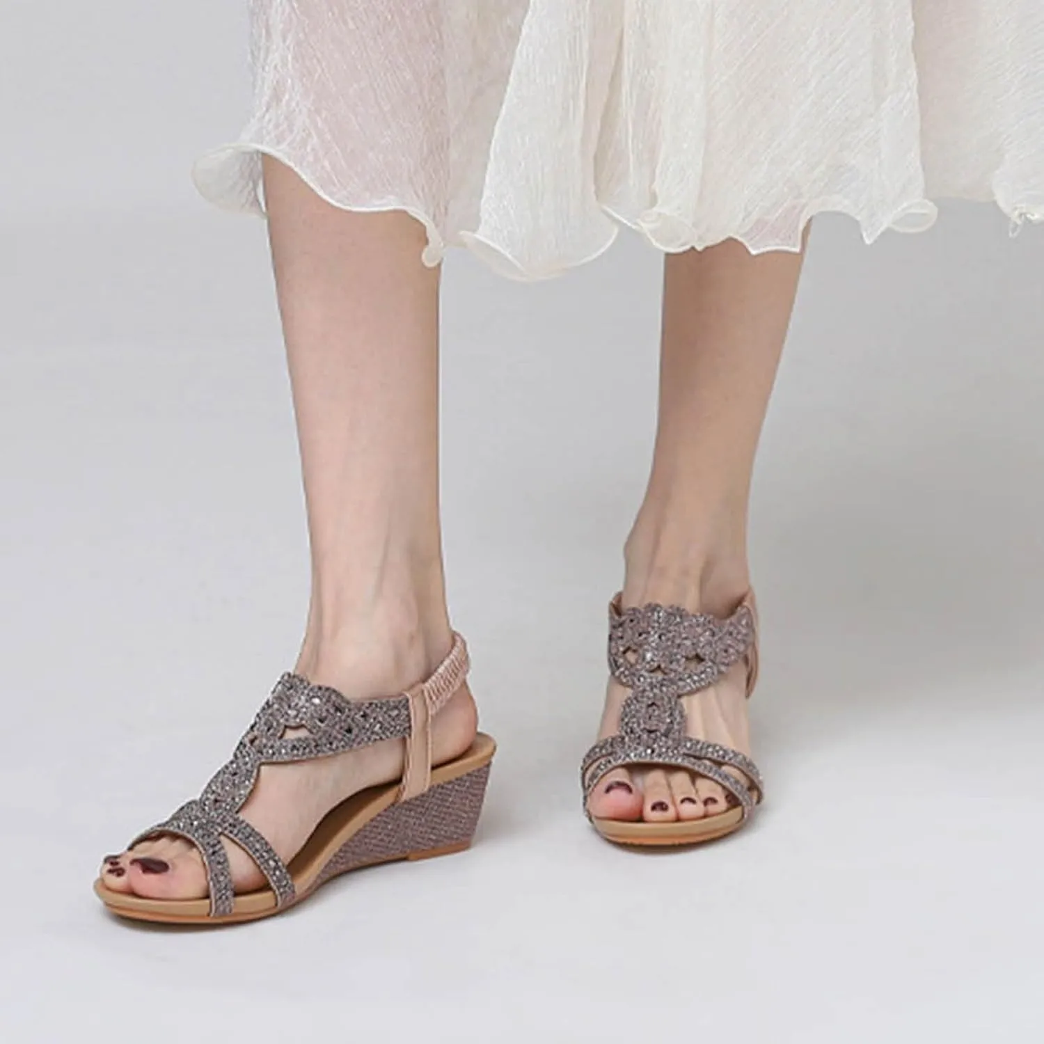 Platform Sandals for Women Dressy Summer Rhinestone Glitter Open Toe Casual Wedge Heels Sandal Comfy Cute Beach Shoes
