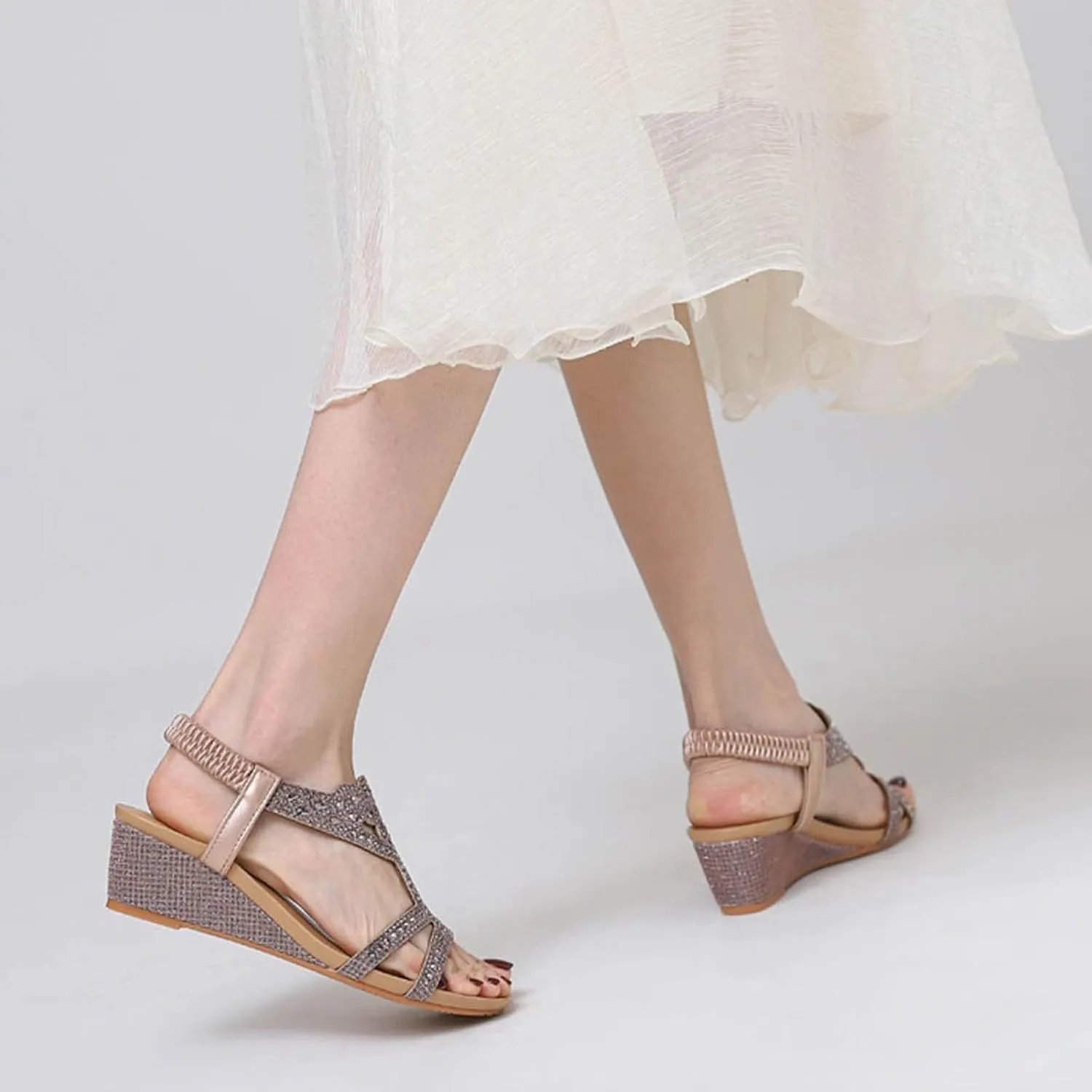 Platform Sandals for Women Dressy Summer Rhinestone Glitter Open Toe Casual Wedge Heels Sandal Comfy Cute Beach Shoes