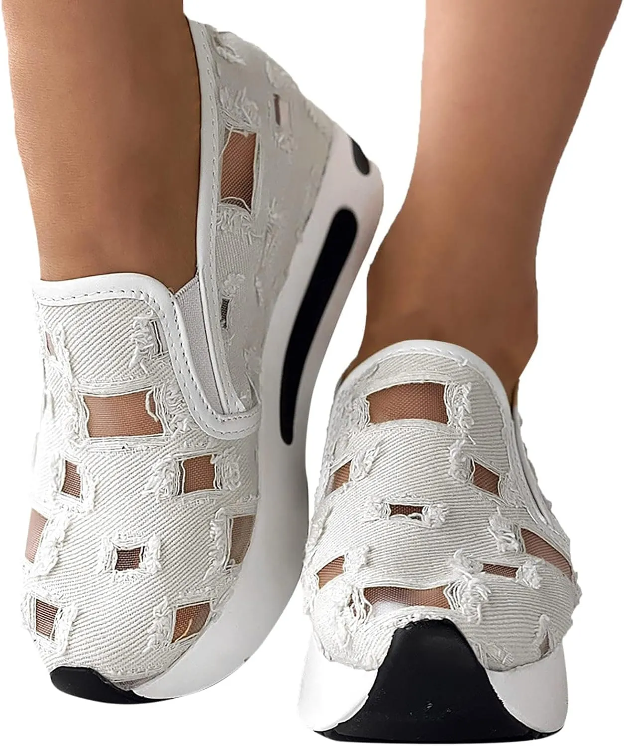 Platform Wedge Sneakers for Women Fashion Breathable Hollow Out Mesh Shoes Summer Lightweight Chunky Sole High Heels Slip on Loafers with Arch Support