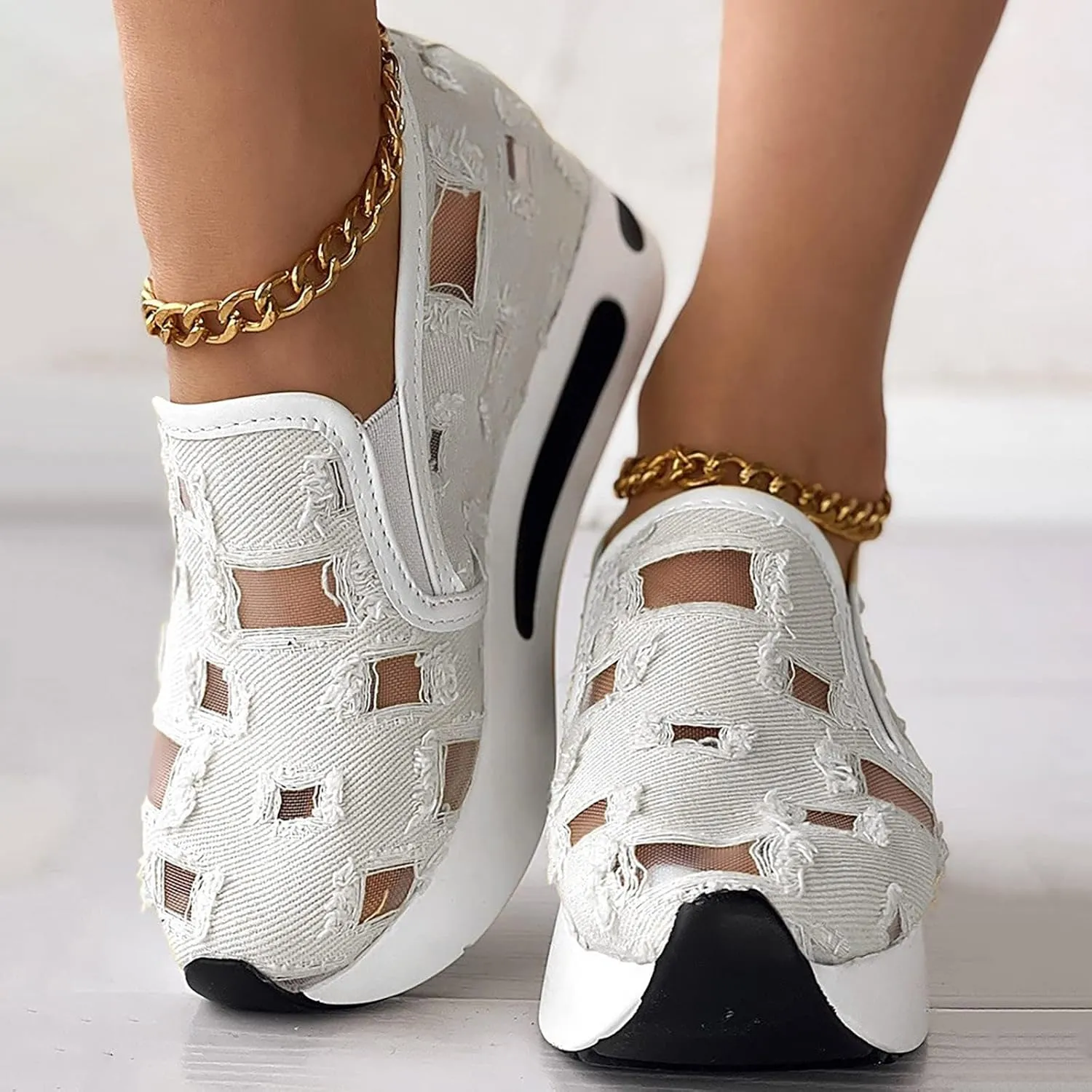 Platform Wedge Sneakers for Women Fashion Breathable Hollow Out Mesh Shoes Summer Lightweight Chunky Sole High Heels Slip on Loafers with Arch Support