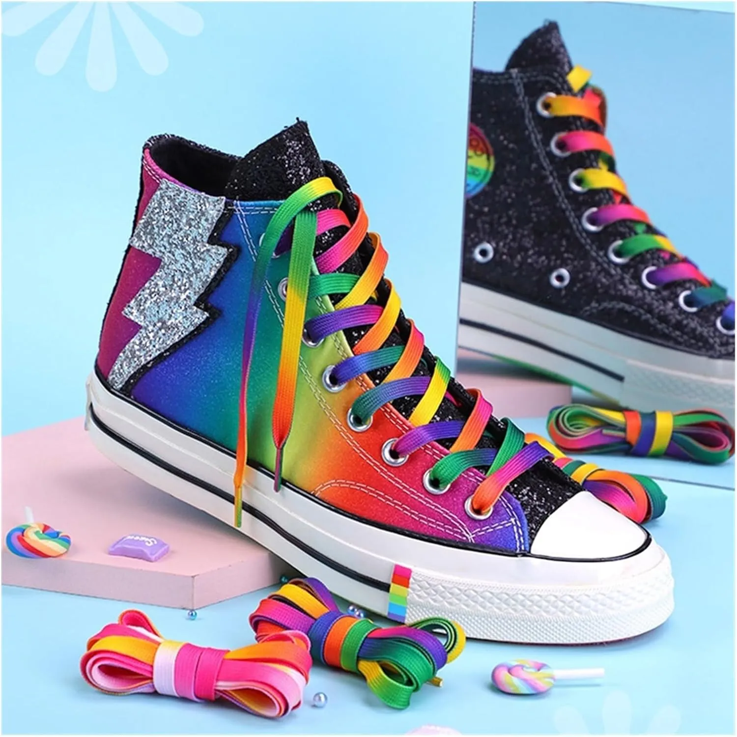 Rainbow Laces Flat Shoelaces Casual Canvas Shoes Kids Adult Colorful Shoelace Print Gradient Rope Lace Shoes Accessories