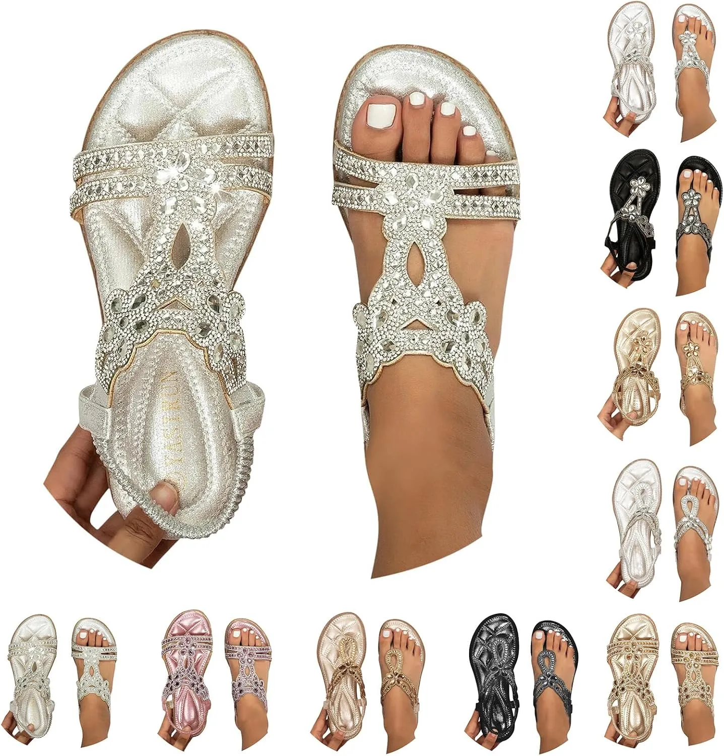Rhinestone Sandals for Women Dressy Bohemian Flat Comfortable Ankle Elastic T-Strap Open Toe Sandals Slip On Sandal Walking Beach Shoes