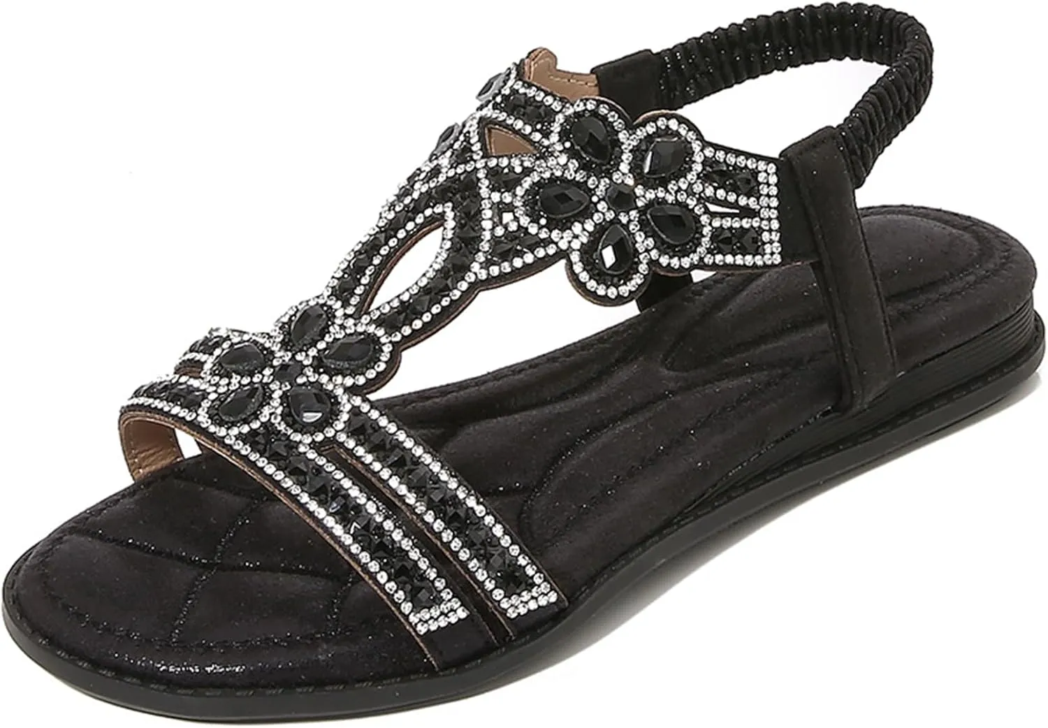 Rhinestone Sandals for Women Dressy Bohemian Flat Comfortable Ankle Elastic T-Strap Open Toe Sandals Slip On Sandal Walking Beach Shoes