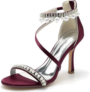 Roimaash Elegant Pearl Strap Wedding Sandals Stiletto Heels for Women