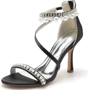 Roimaash Elegant Pearl Strap Wedding Sandals Stiletto Heels for Women