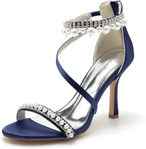 Roimaash Elegant Pearl Strap Wedding Sandals Stiletto Heels for Women