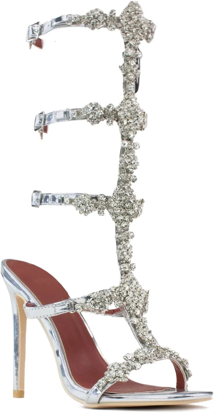 ROOM OF FASHION Women's Crystal Jeweled Strappy Gladiator Stiletto Heel Dress Sandals