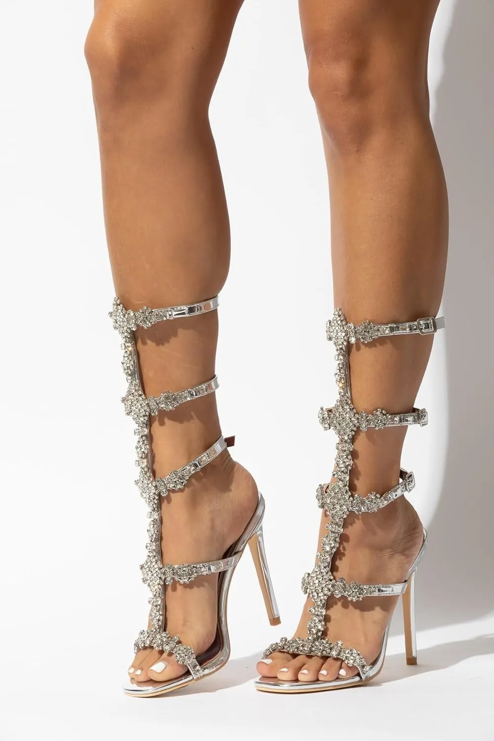 ROOM OF FASHION Women's Crystal Jeweled Strappy Gladiator Stiletto Heel Dress Sandals