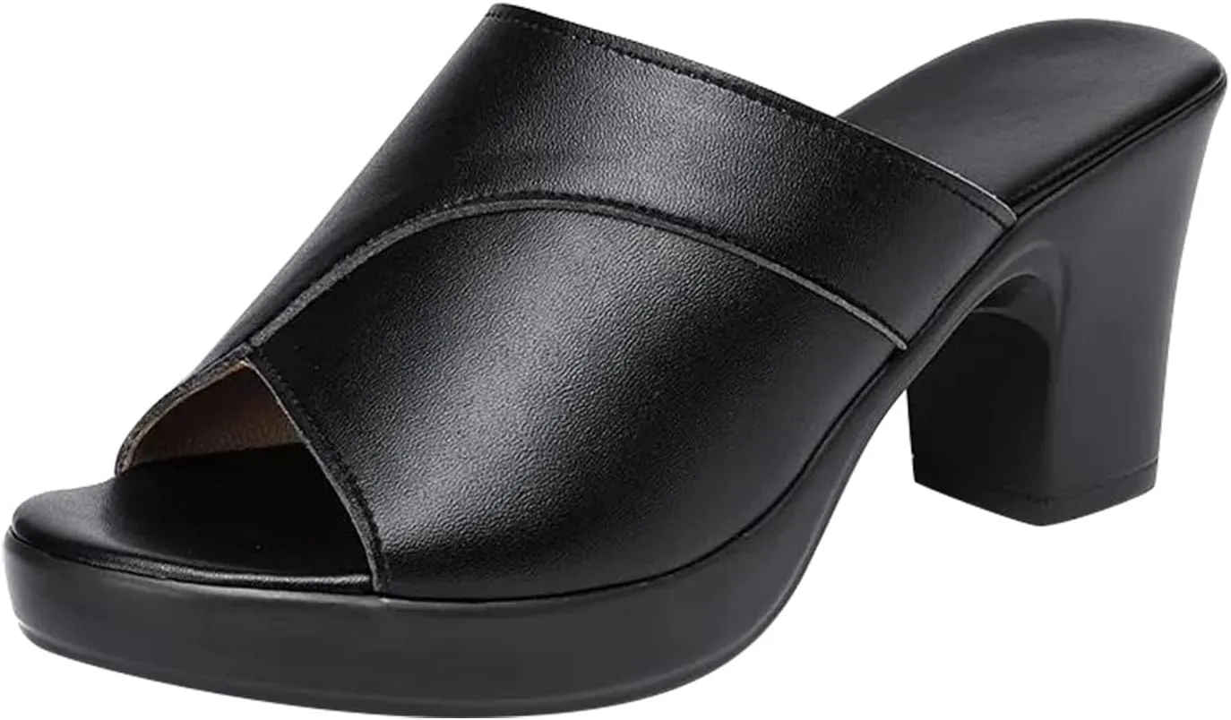 Sandals for Women 2025 Chunky Platform Mules Sandals Slip on Block Heels Square Toe High Heeled Dress Shoes