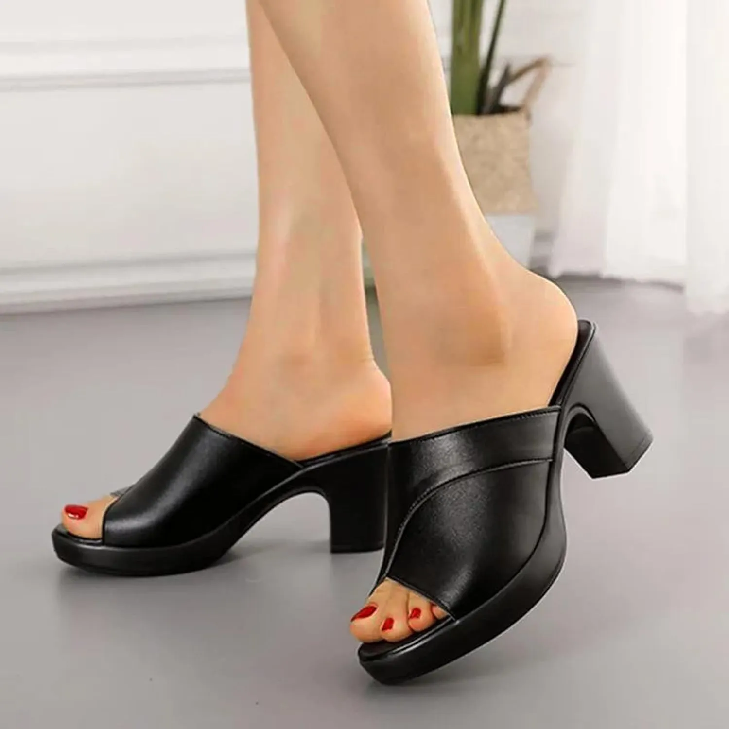 Sandals for Women 2025 Chunky Platform Mules Sandals Slip on Block Heels Square Toe High Heeled Dress Shoes