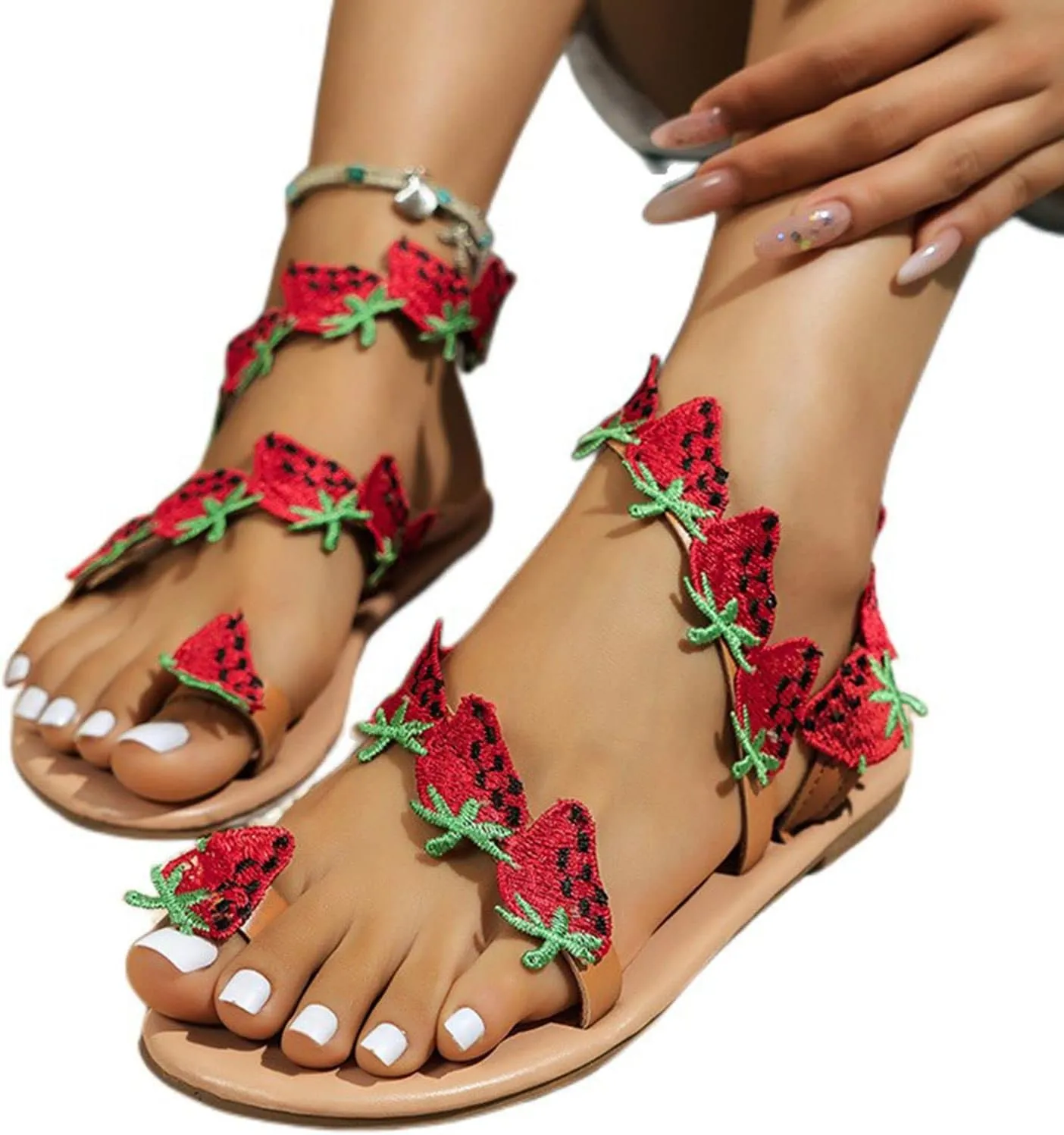 Sandals for Women Summer Dressy Wide Width Lightweight Flat Sandals Bohemian Fruit Open Toe Slingback Flip-Flops Cute Bride Bridesmaid Beach Vacation Summer Shoes