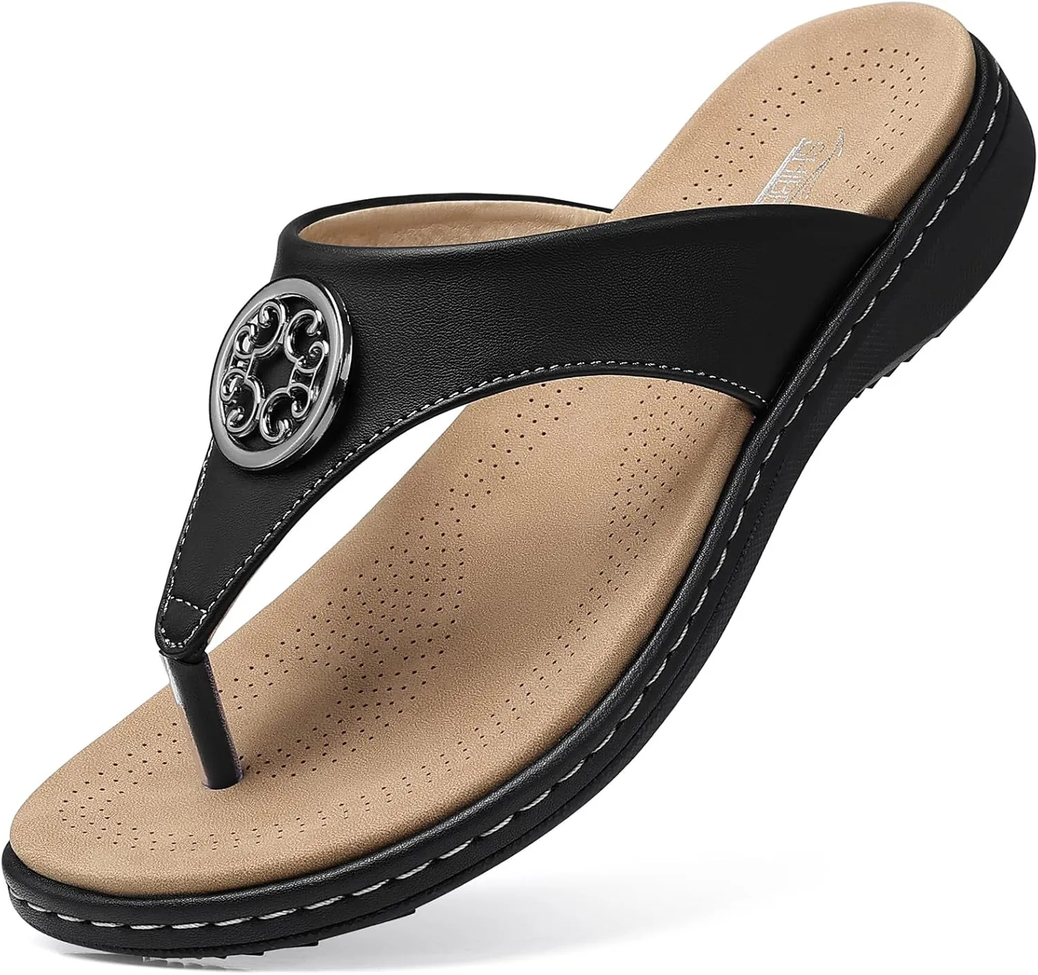 SHIBEVER Womens Flat Thong Sandals: Black Soft Walking Summer Trendy Arch Support Casual Flip Flops for Women Size 8.5