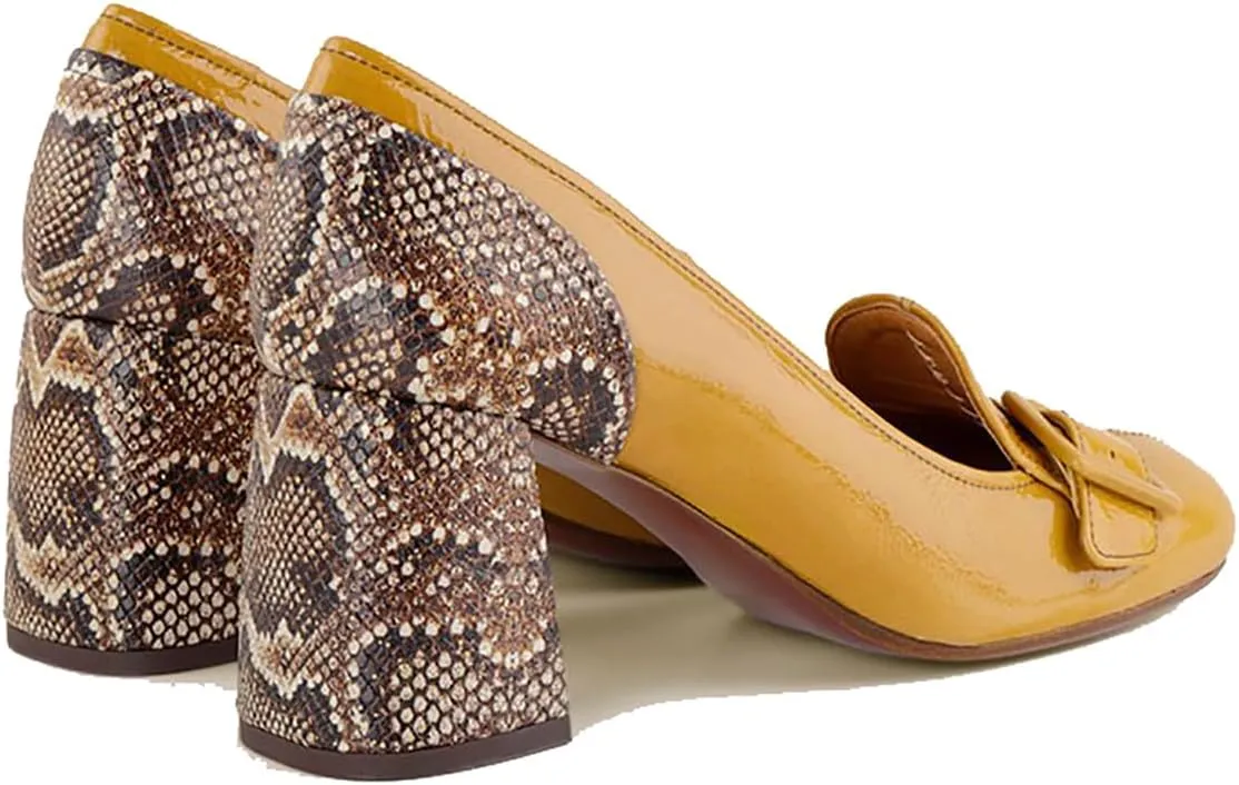 SHODENSE Women Chunky High Heel Loafers Pumps Snakeskin Round Toe Slip On Loafer Block Heels Buckle Patent Matte 3 inch High Heeled Penny Loafers Animal Print Patchwork Sexy 4-11 M US