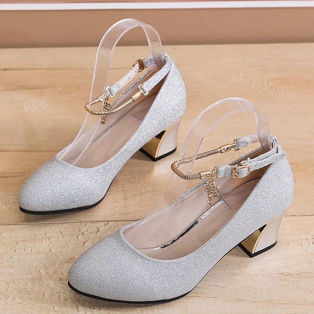 Silver Dress Sandals with Wedge for Women Low Heels Comfortable Chunky Heels Shoes Round Toe Wedding Work Loafer