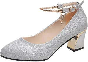 Silver Dress Sandals with Wedge for Women Low Heels Comfortable Chunky Heels Shoes Round Toe Wedding Work Loafer