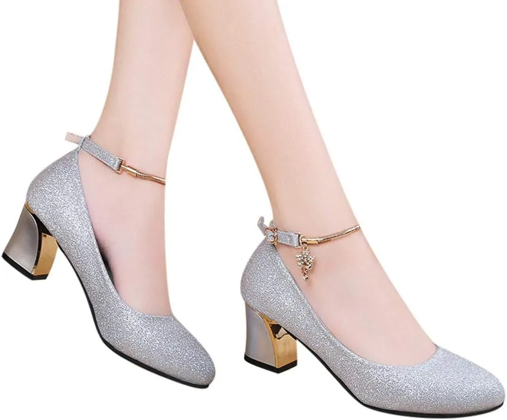 Silver Dress Sandals with Wedge for Women Low Heels Comfortable Chunky Heels Shoes Round Toe Wedding Work Loafer