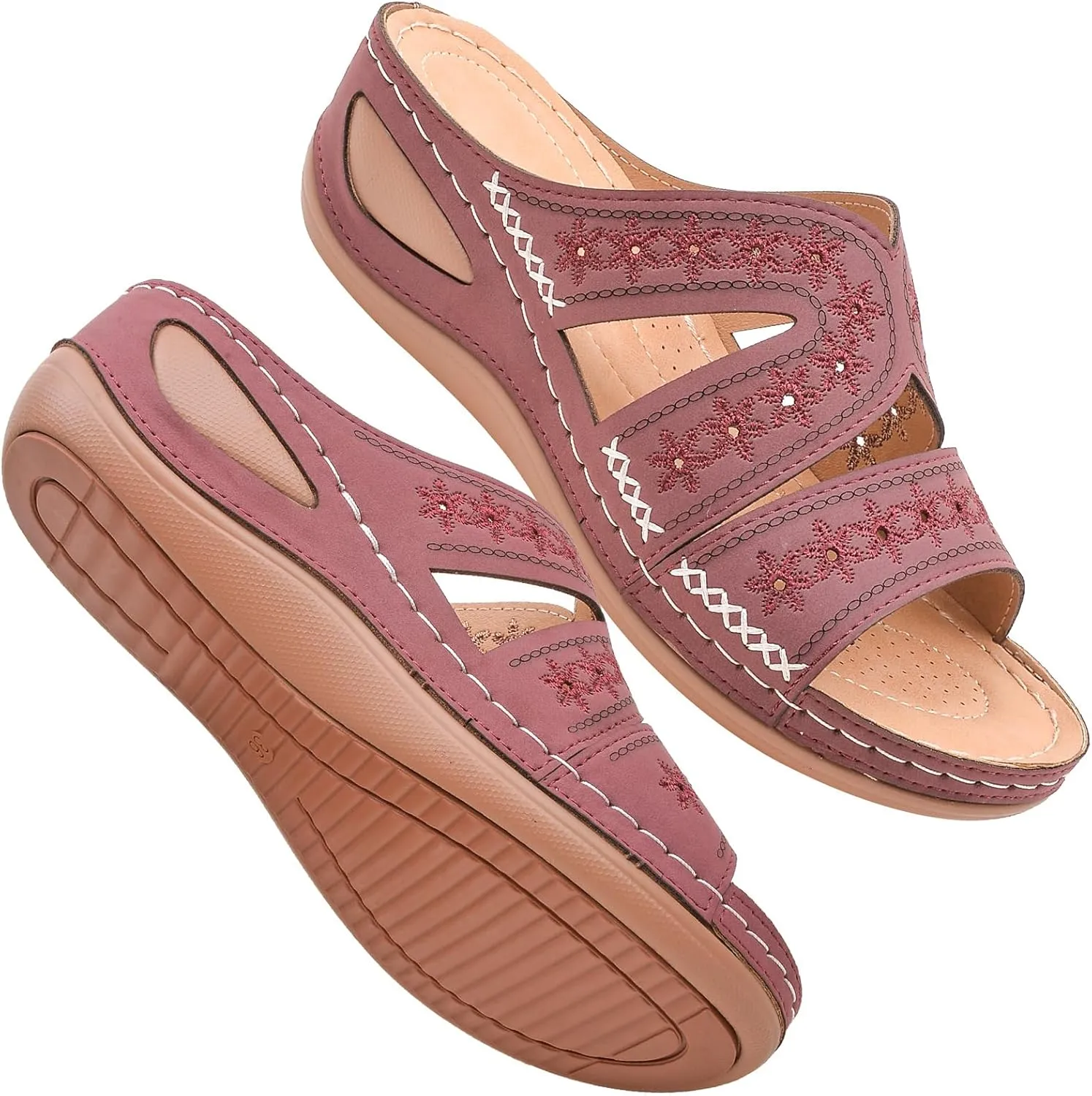 Slide Sandals Women Orthopedic Casual Wedge Slipper Sandals Fashion Cutout Flower Design Walking Shoes Lightweight Non-Slip Summer Beach Slippers