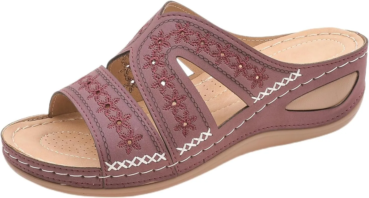 Slide Sandals Women Orthopedic Casual Wedge Slipper Sandals Fashion Cutout Flower Design Walking Shoes Lightweight Non-Slip Summer Beach Slippers