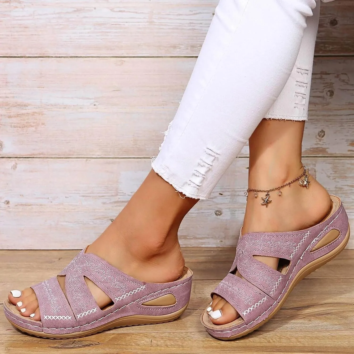 Slip On Wedges Sandals for Women Arch Support Cushioned Slides Summer Beach Slippers Versatile Dressy Sandals