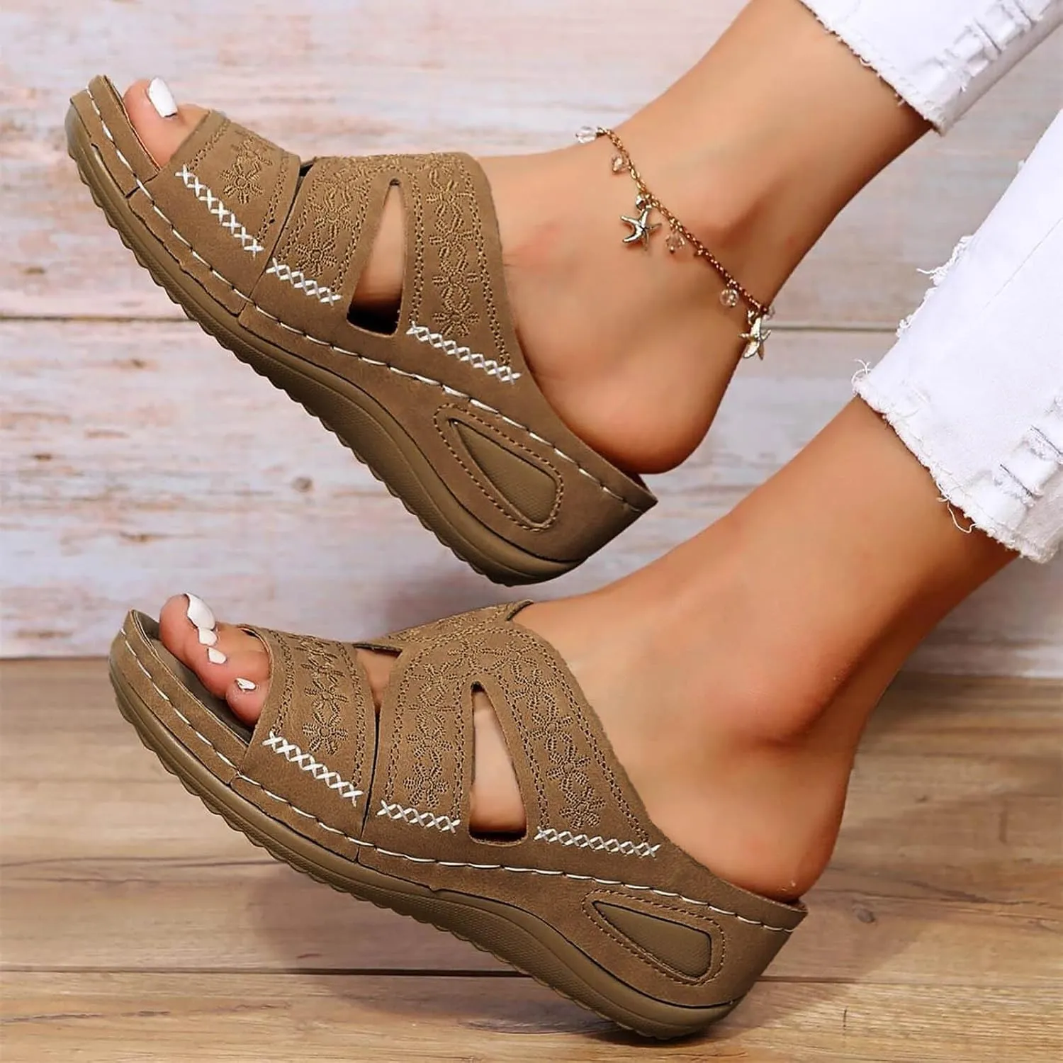 Slip On Wedges Sandals for Women Arch Support Cushioned Slides Summer Beach Slippers Versatile Dressy Sandals