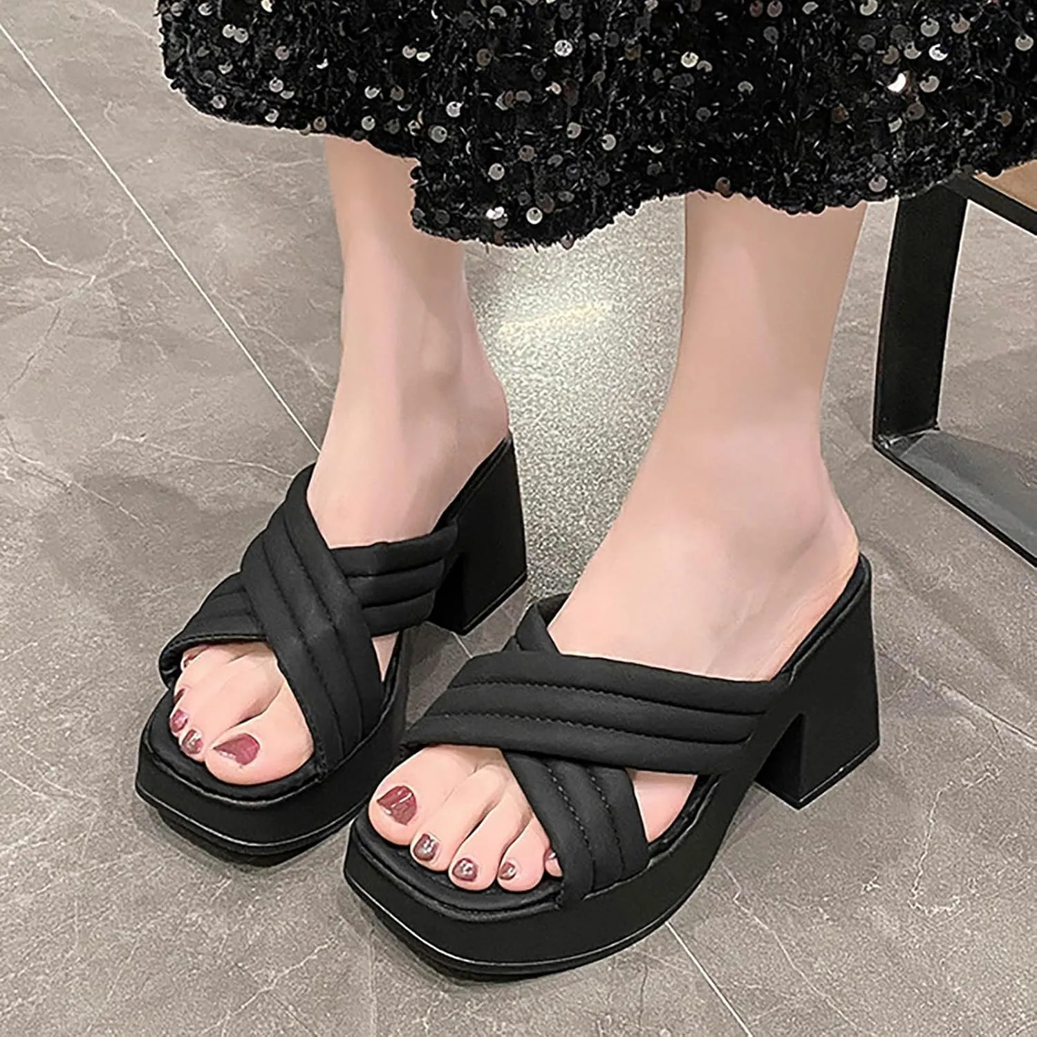 Strappy Heels for Women Platform Chunky High Heeled Sandals Square Open Toe Ankle Buckle for Prom Daily Wedding