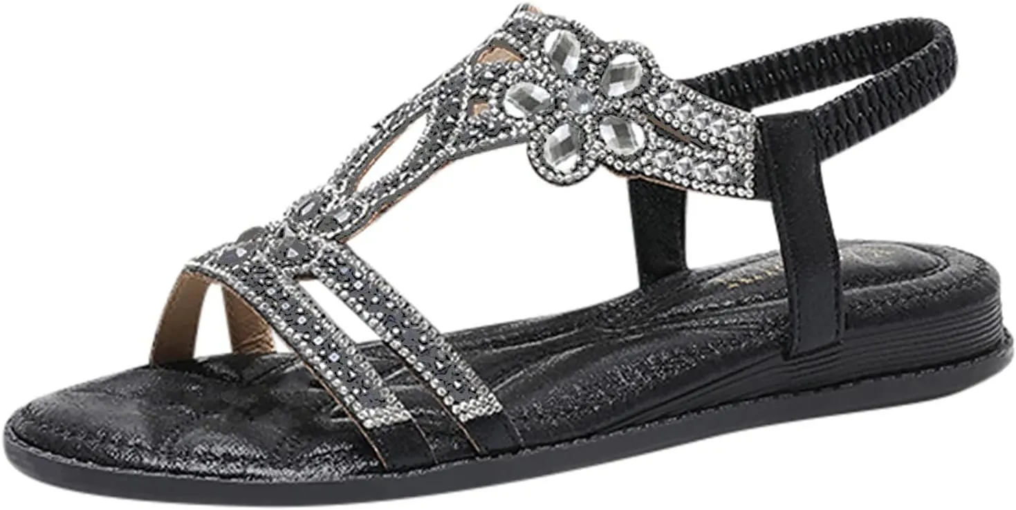 Summer Beach Sandals for Women 2025,Crystal Rhinestone Pearl Flat Sandals for Women Dressy Bling Sparkly Thong Sandals Comfortable T Strap Slip-On Shoes Casual Walking Sandals Strappy Sandals ﻿