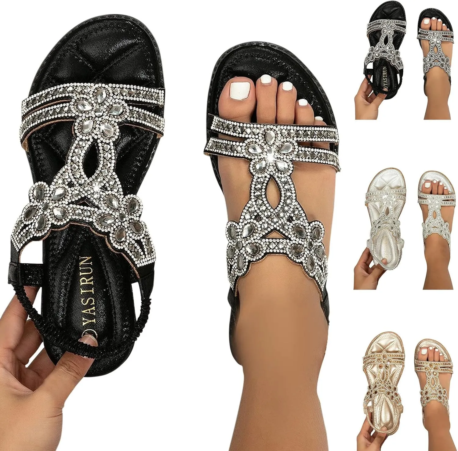 Summer Beach Sandals for Women 2025,Crystal Rhinestone Pearl Flat Sandals for Women Dressy Bling Sparkly Thong Sandals Comfortable T Strap Slip-On Shoes Casual Walking Sandals Strappy Sandals ﻿
