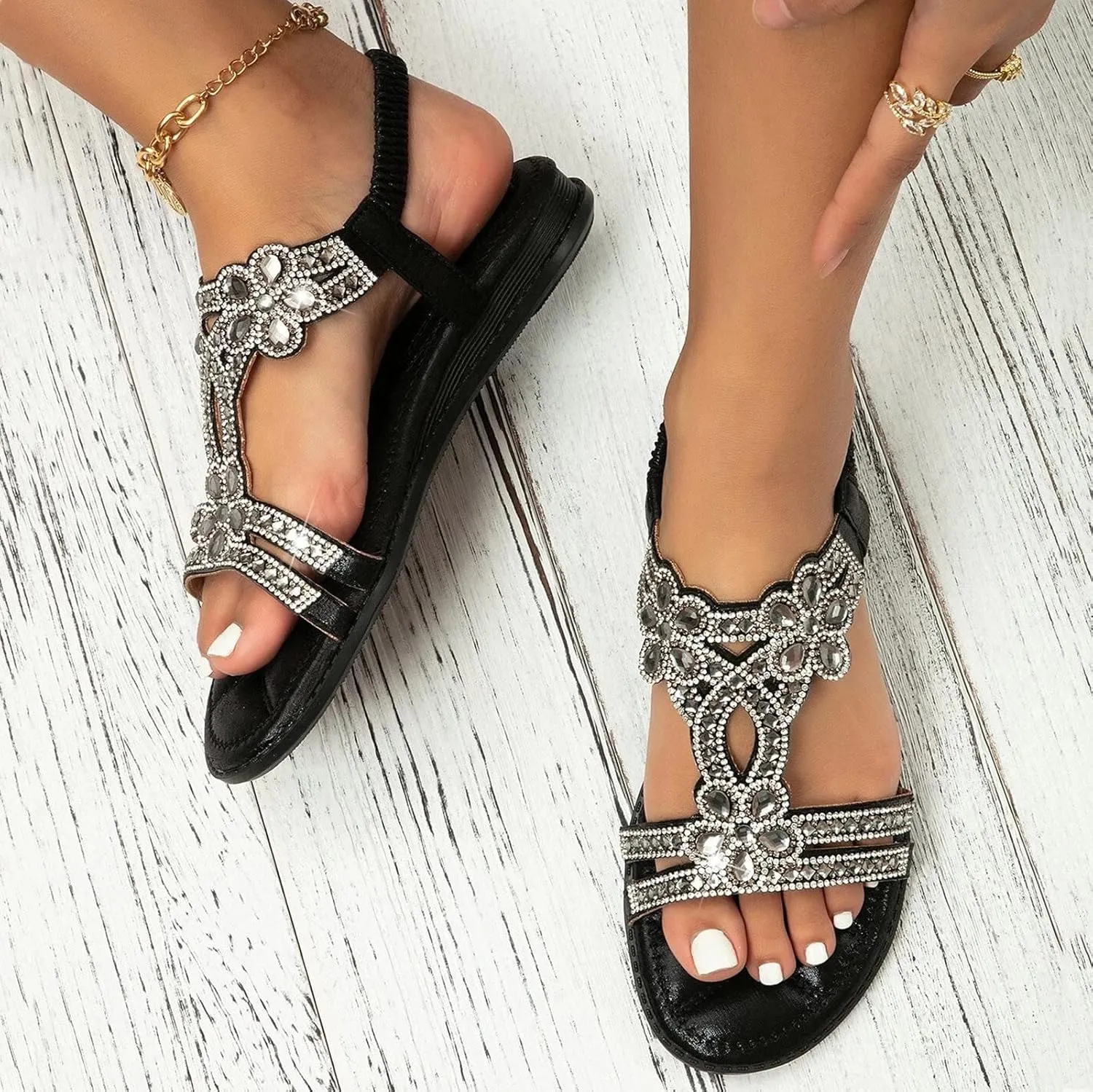 Summer Beach Sandals for Women 2025,Crystal Rhinestone Pearl Flat Sandals for Women Dressy Bling Sparkly Thong Sandals Comfortable T Strap Slip-On Shoes Casual Walking Sandals Strappy Sandals ﻿