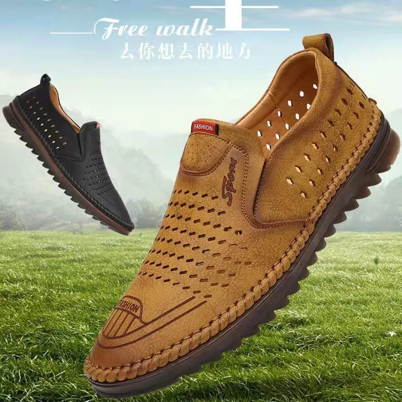 summer men's sandals hollow leather shoes soft leather shoes breathable