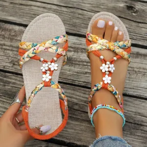 Summer Sandals for Women 2025 Trendy,Boho Sandals for Women Arch Support,Women Sandals Flats for Comfortable Elastic Ankle Strap Beach Shoes,Beaded Sandals for Woman