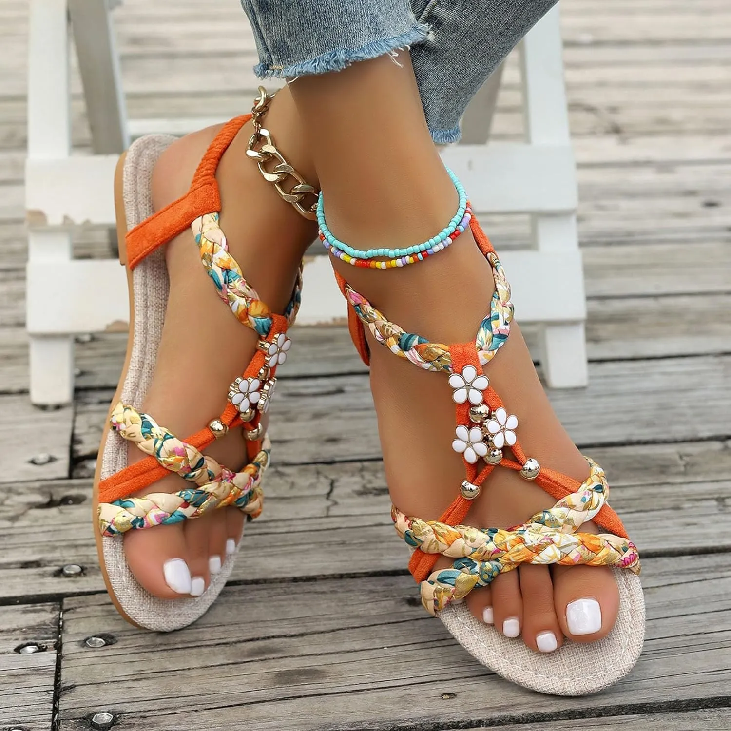 Summer Sandals for Women 2025 Trendy,Boho Sandals for Women Arch Support,Women Sandals Flats for Comfortable Elastic Ankle Strap Beach Shoes,Beaded Sandals for Woman