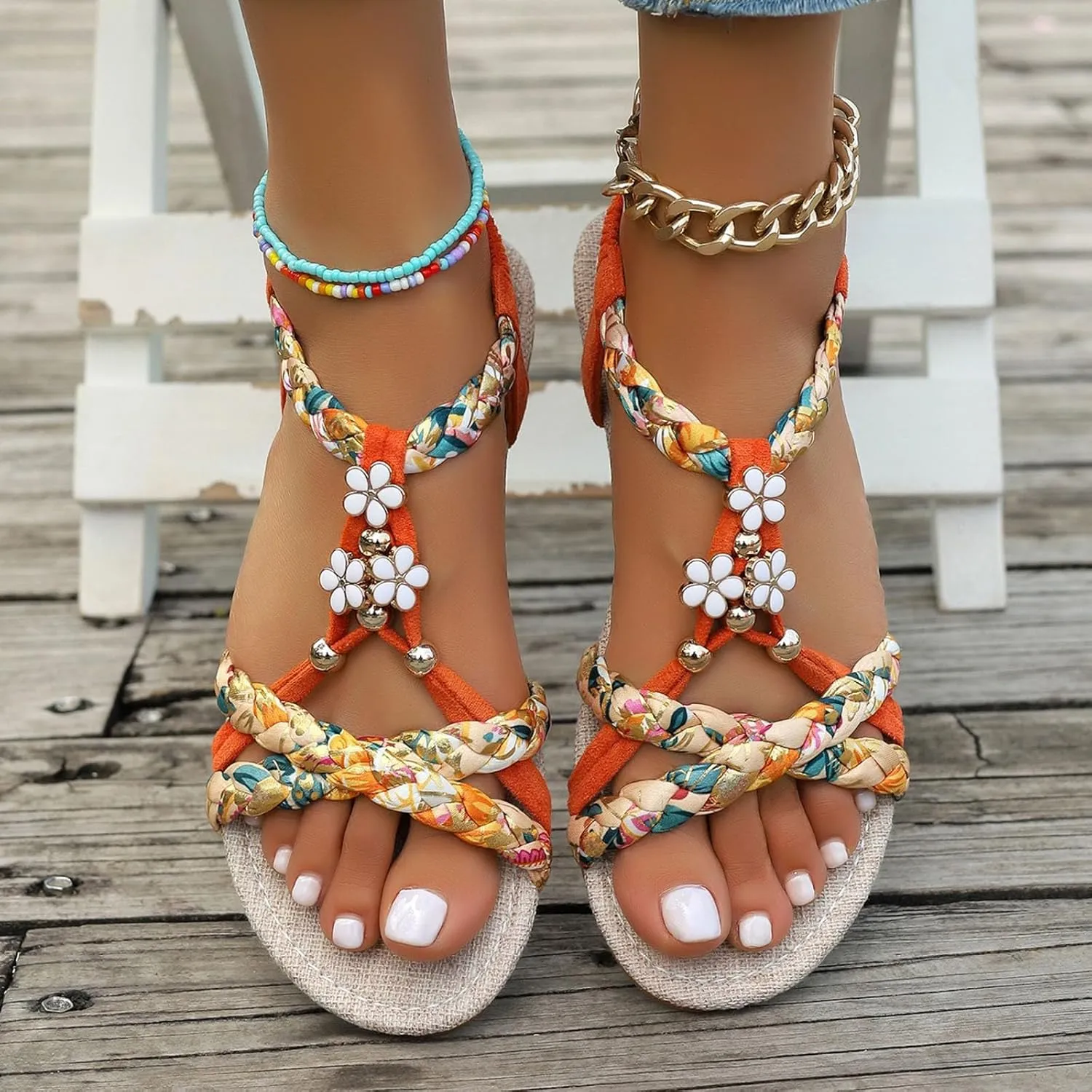 Summer Sandals for Women 2025 Trendy,Boho Sandals for Women Arch Support,Women Sandals Flats for Comfortable Elastic Ankle Strap Beach Shoes,Beaded Sandals for Woman